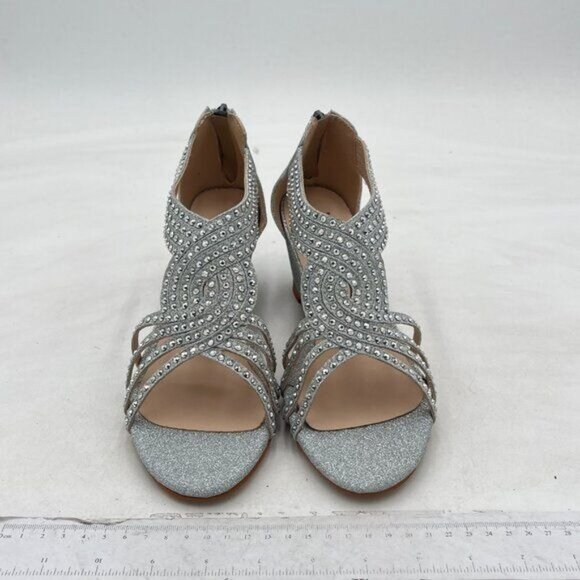 YDN Silver Wedge Glitter Sandals Open Toe Rhinestones Cross Over Straps Shoe - Picture 3 of 8